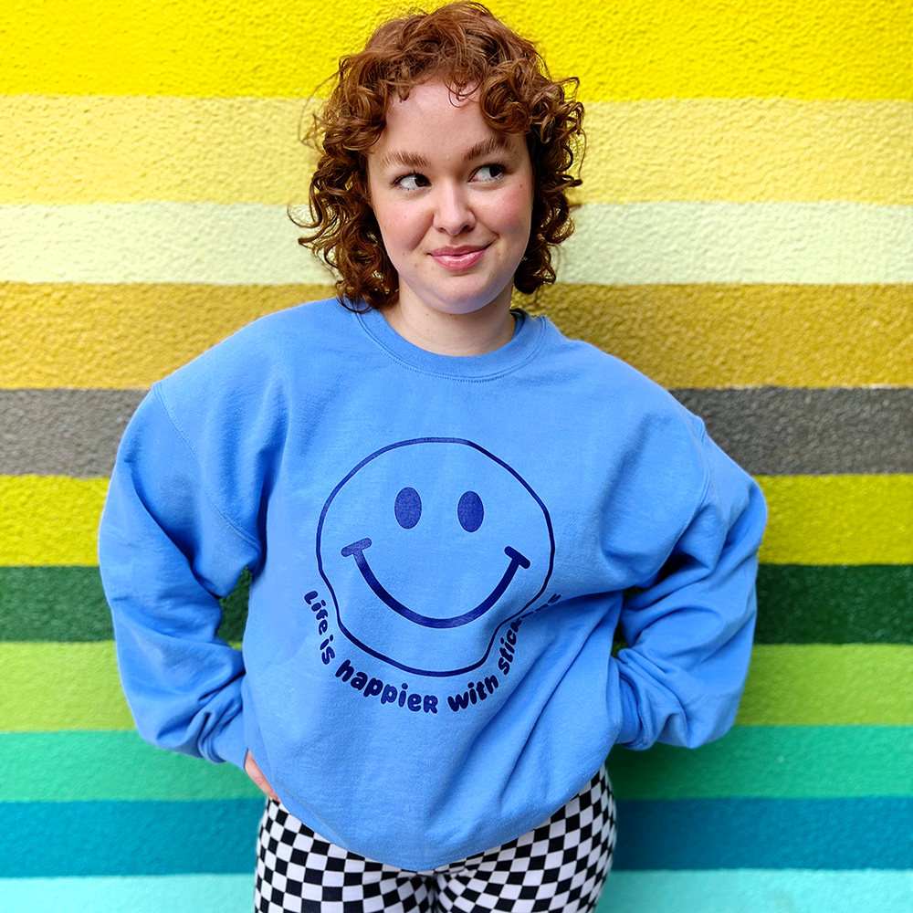 Life Is Happier Crewneck Sweatshirt: Blue