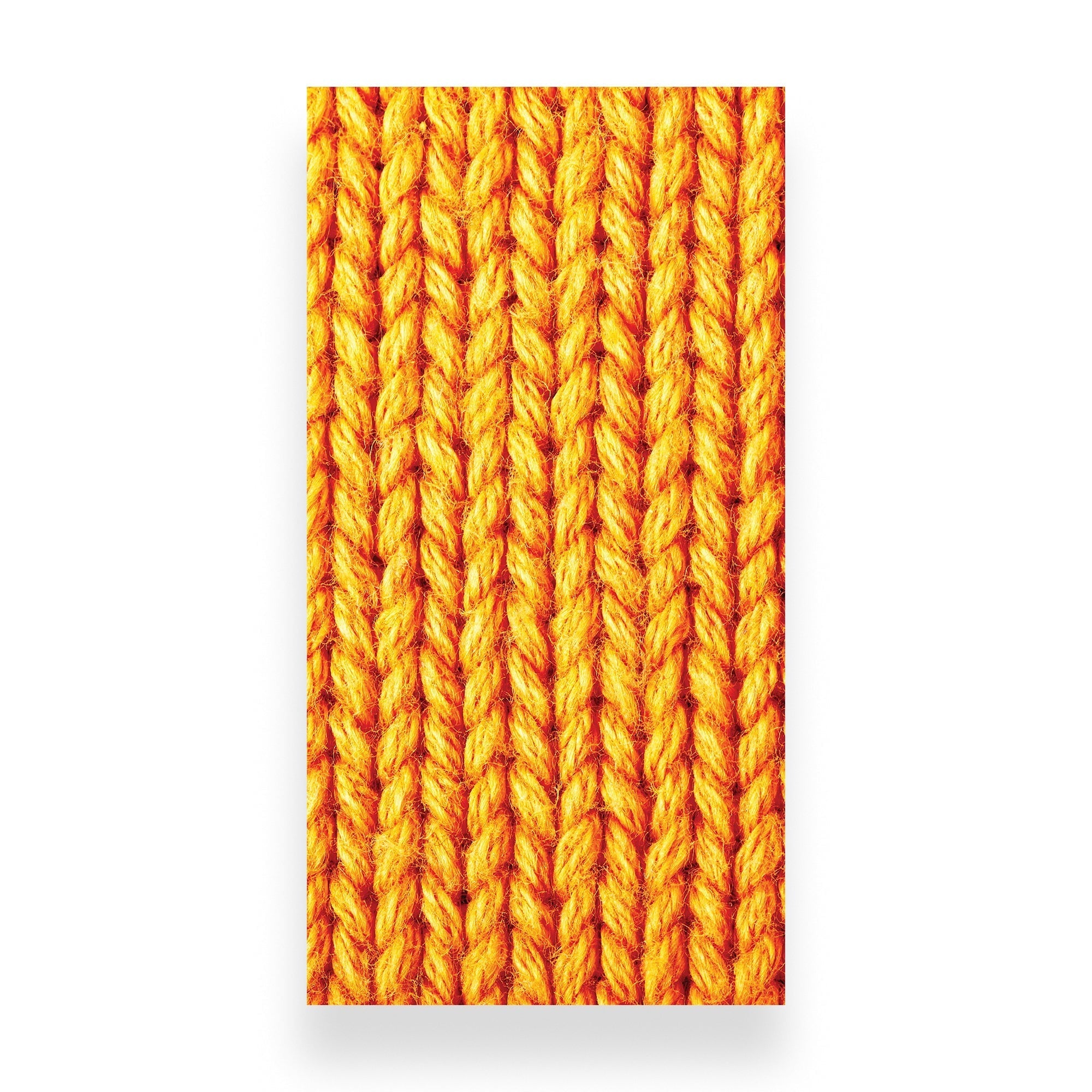 A close-up vertical swatch of bright orange and yellow ribbed knit fabric texture on a white background.