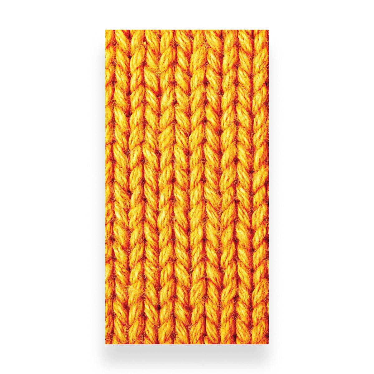 A close-up vertical swatch of bright orange and yellow ribbed knit fabric texture on a white background.