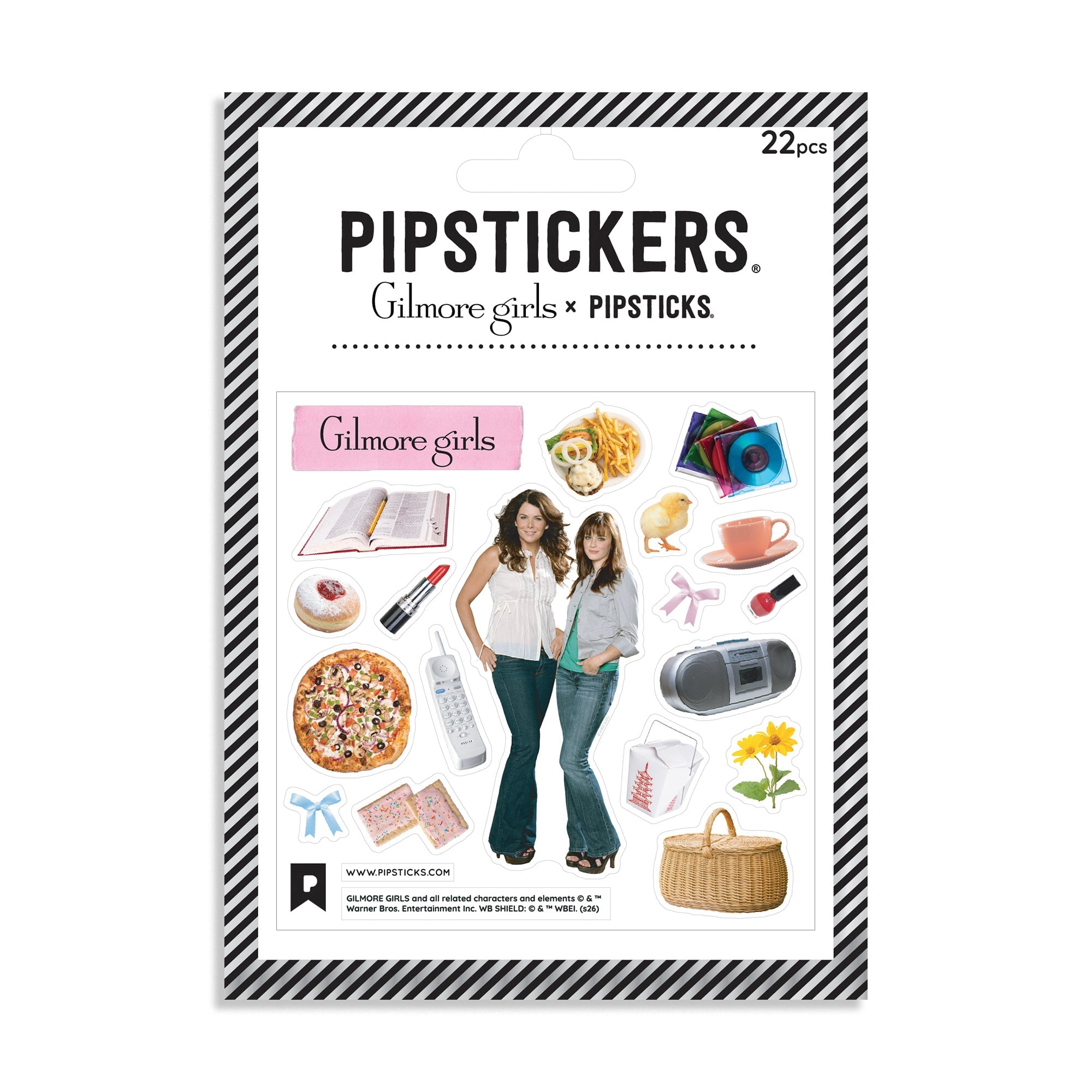 A package of PIPSTICKS 'Gilmore girls' stickers, containing 22 pieces. The packaging features a black and white striped border, the PIPSTICKS brand name, and a central white panel displaying various sticker designs inspired by the 'Gilmore Girls' series, 