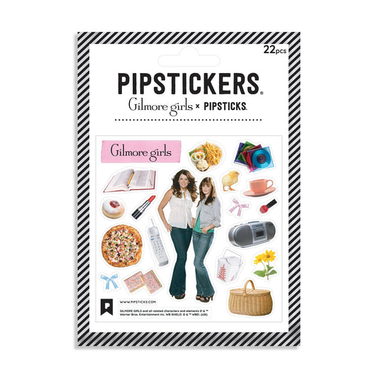 A package of PIPSTICKS 'Gilmore girls' stickers, containing 22 pieces. The packaging features a black and white striped border, the PIPSTICKS brand name, and a central white panel displaying various sticker designs inspired by the 'Gilmore Girls' series, 